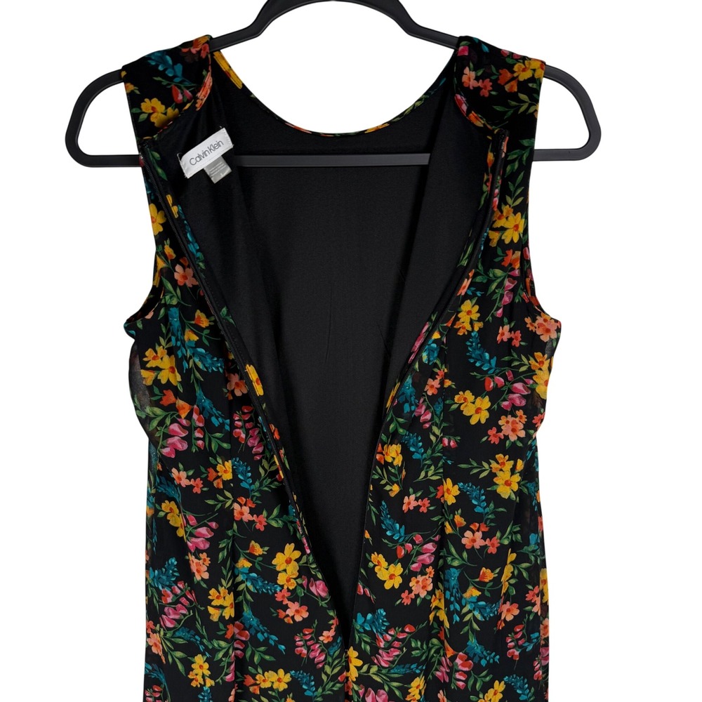 Calvin Klein Black Floral Chiffon Midi Dress Size 8 Sharkbite Hem Wedding Guest - Picture 6 of 12